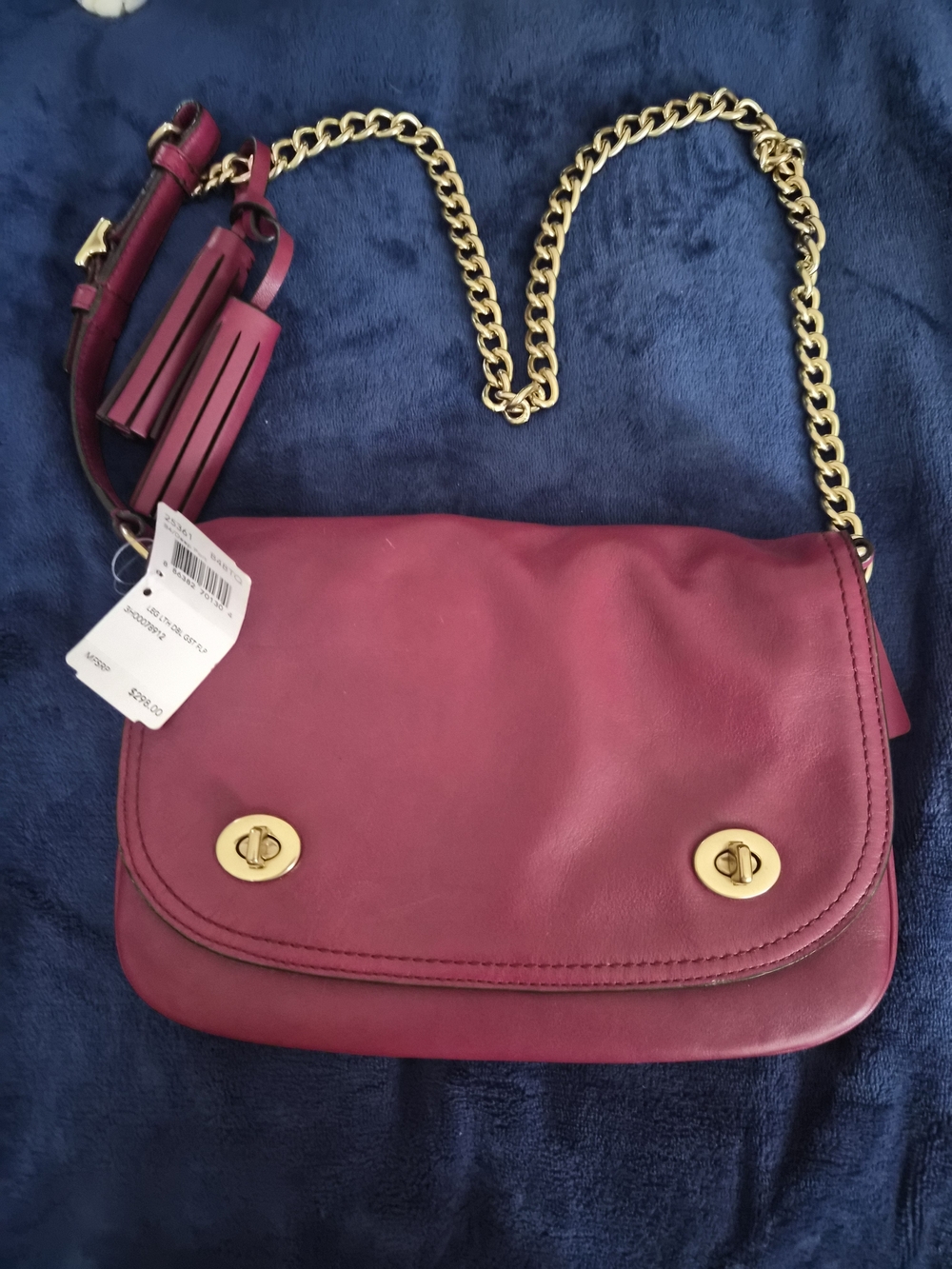 Coach PORT RED DOUBLE GUSSETED Leather Crossbody BAG with Gold Chain Strap